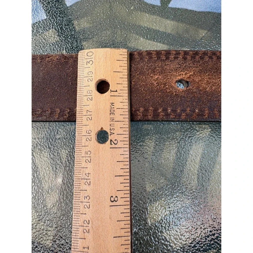 Mens Brown Genuine Leather Double Stitched Belt Size 40 Silver Buckle Distressed